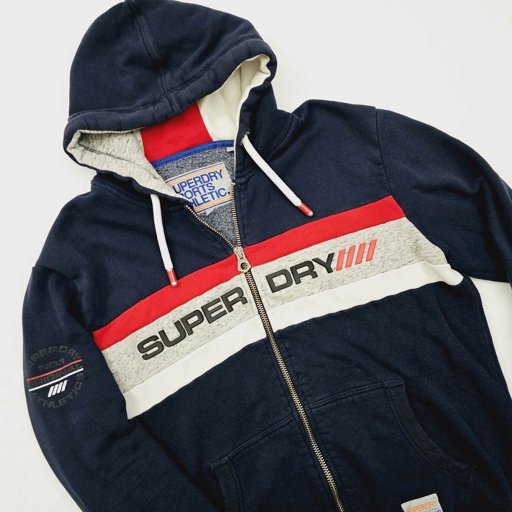 Superdry Sports Mens XL Hoodie Sweater Full Zip Athletics Blue Color Block Y2K‎